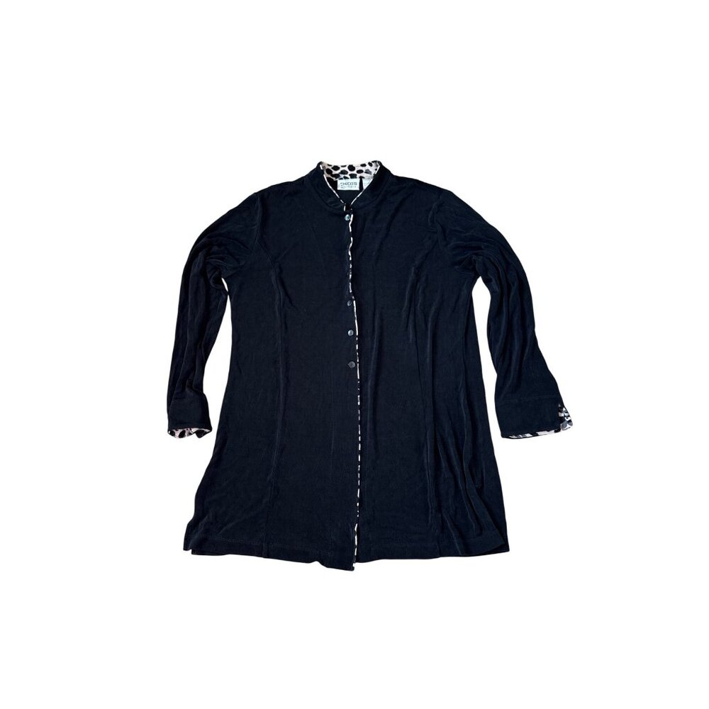 Chico's Travelers Women's Leopard‎ Collared and Cuffs Size 2 Cardigan Black